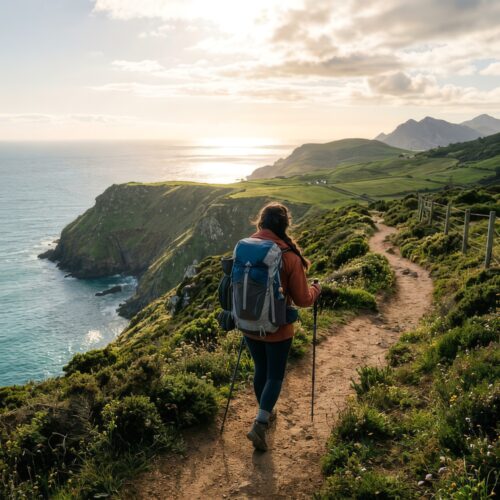 Hiker on coastal path at sunset