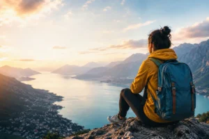 Solo traveler overlooking a coastal valley at sunrise