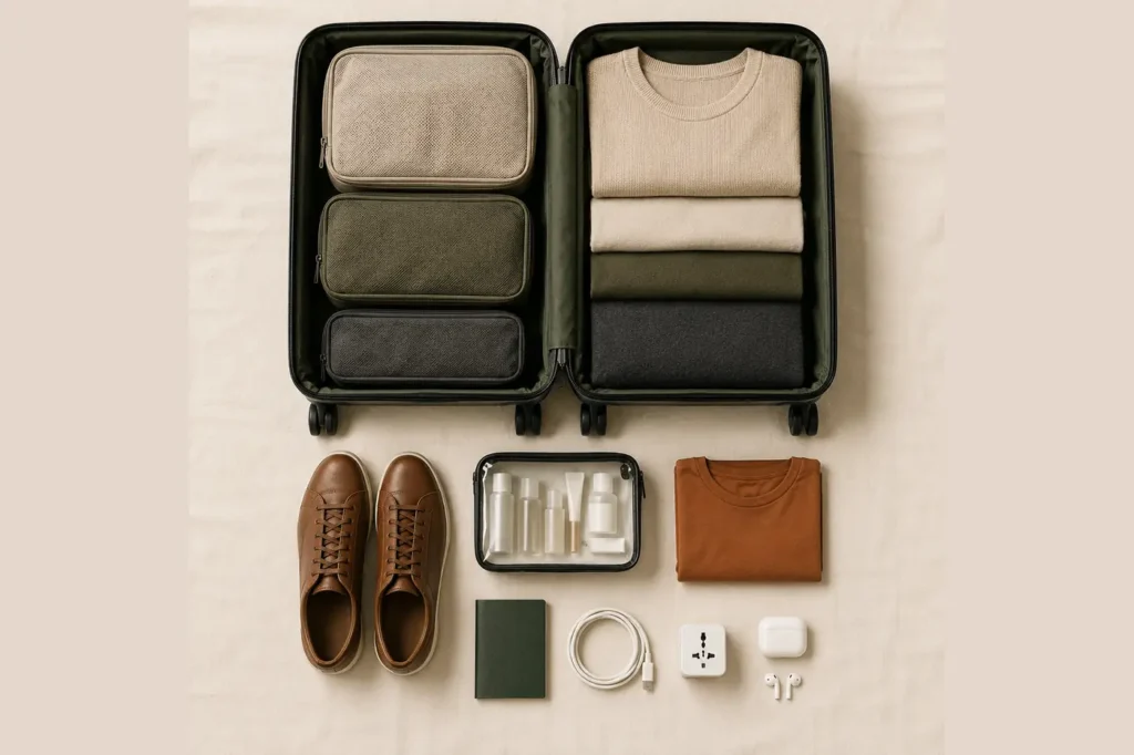 Blog 1 Overhead view of a packed carry-on beside the rest of a two-week kit: leather sneakers, a clear toiletry pouch, a folded t-shirt, a notebook, a charging cable, a universal travel adapter and earbuds.
