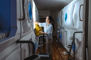 A solo traveler settles into her pod at a capsule hostel, luggage beside her
