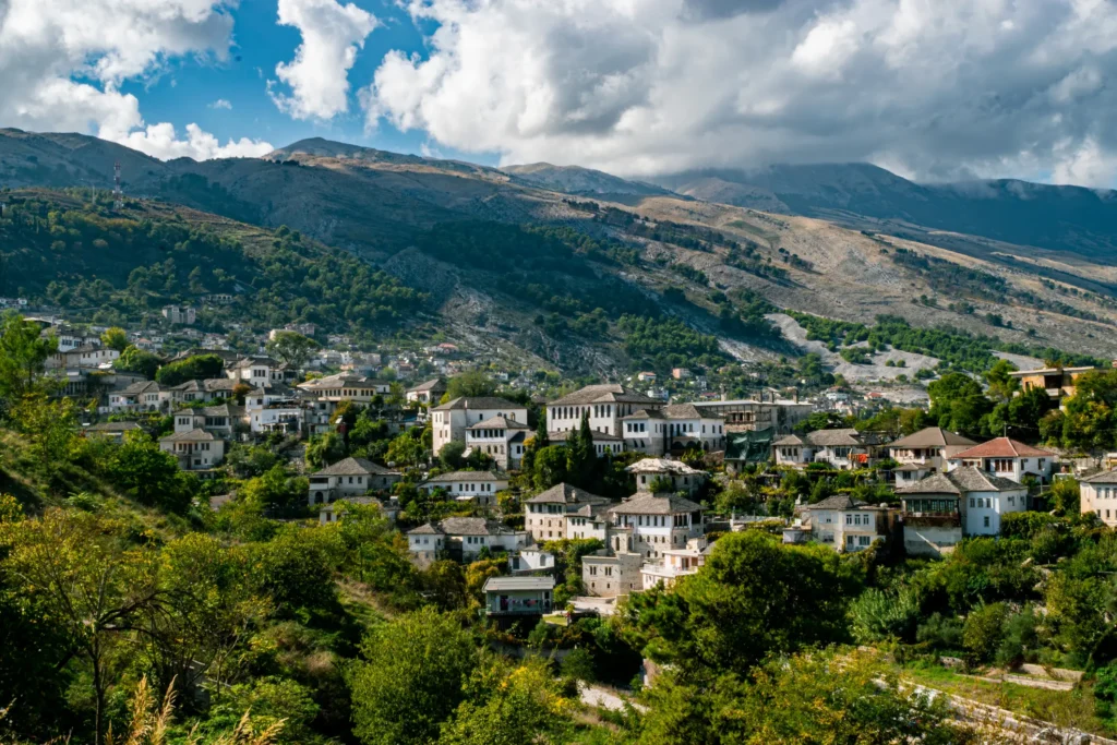 Panoramic view of Gjirokastër's stone-roofed old town in the hills of southern Albania