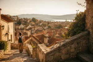 A lone traveller with a small backpack pauses at the top of a stone staircase, looking out over the terracotta rooftops of a hillside town in golden evening light.